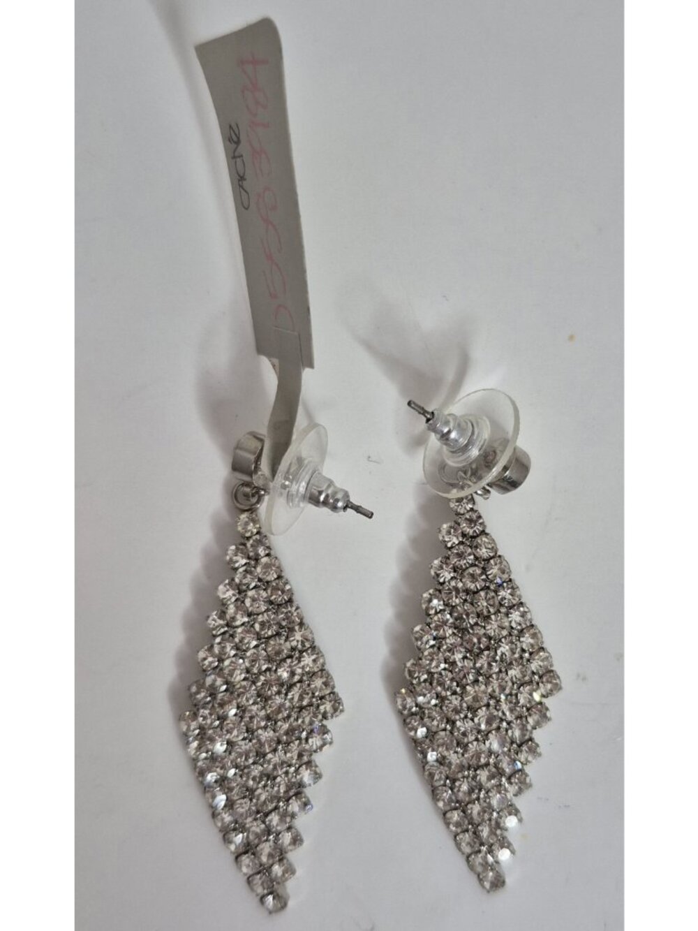 NEW Cache Diamnd Shaped Tiered Silvertone Rhinestone Pierced Earrings 2"